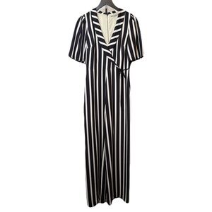Alice + Olivia Luana Crepe Black & White Striped Faux Wrap Jumpsuit Size 8